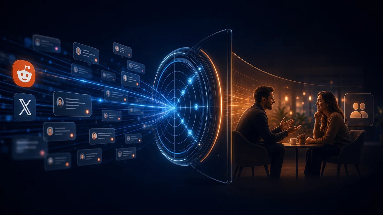 Dark navy editorial illustration for Best Devi AI Alternative for Reddit and X Leads, showing public X conversations, signal filtering, and a human-reviewed response path