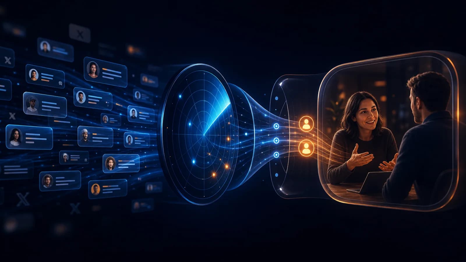 Dark navy editorial illustration for How to Find Email Marketing Clients on X, showing public X conversations, signal filtering, and a human-reviewed response path