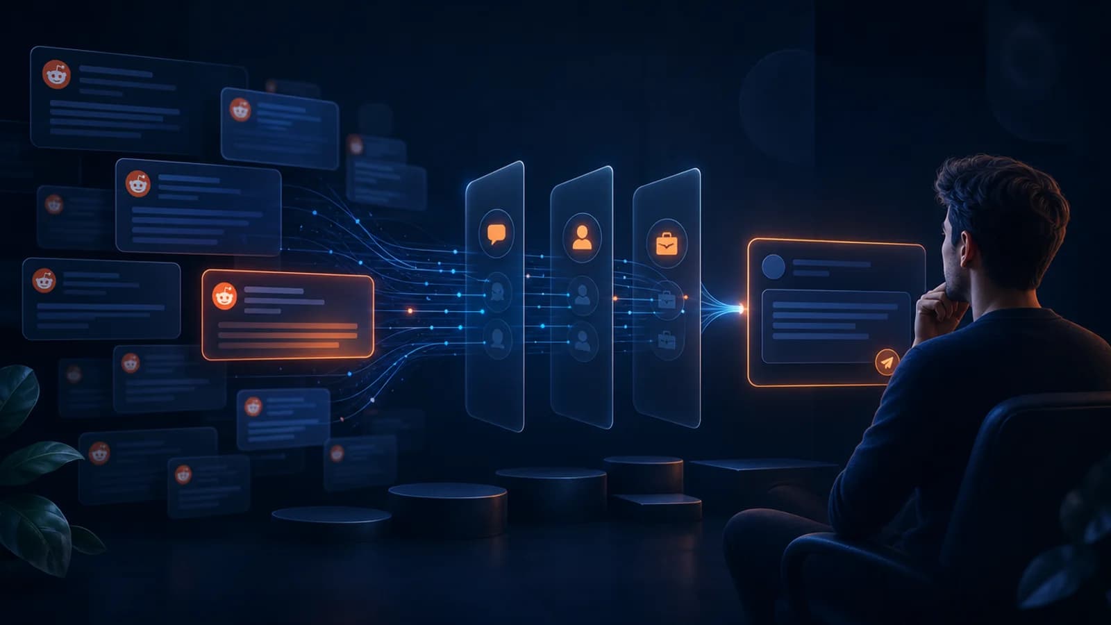 Dark navy editorial illustration for How to Find No-Code Development Clients on Reddit, showing Reddit community threads, buyer-signal filtering, and a thoughtful human reply