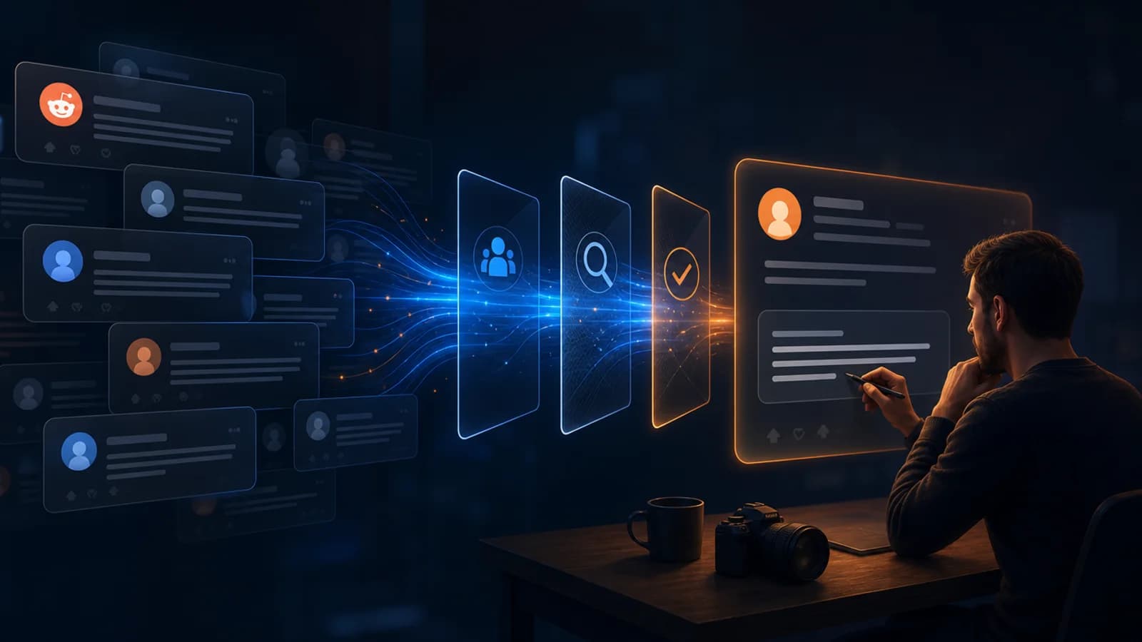 Dark navy editorial illustration for How to Find Video Production Clients on Reddit, showing Reddit community threads, buyer-signal filtering, and a thoughtful human reply