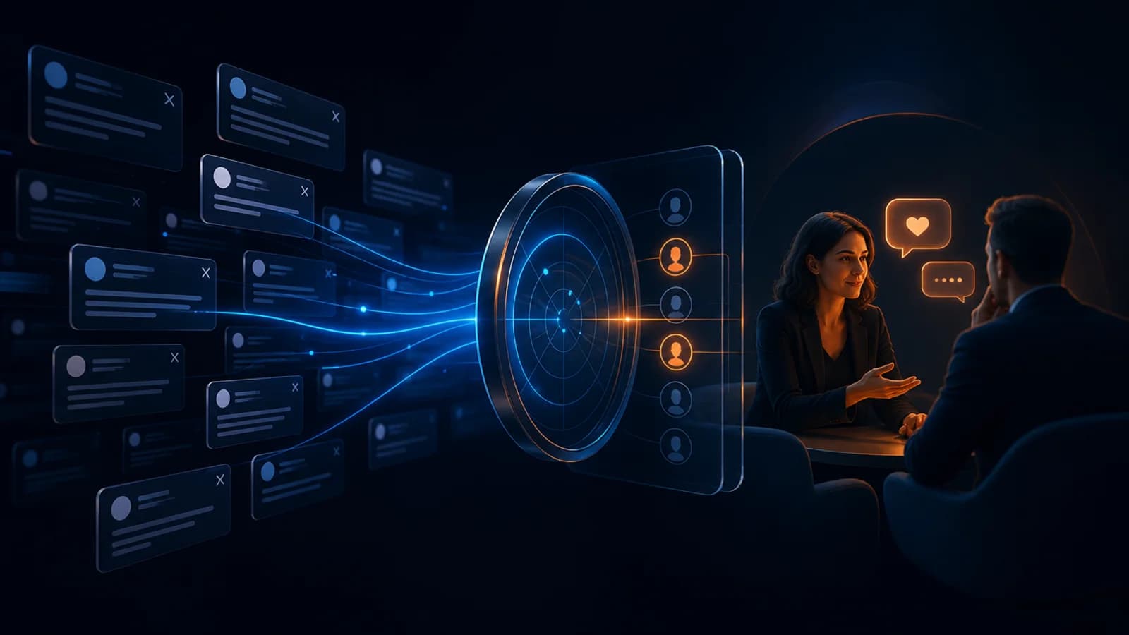 How to Find Fractional CMO Clients on X: visual field guide Dark navy editorial illustration for How to Find Fractional CMO Clients on X, showing public X conversations, signal filtering, and a human-reviewed response path