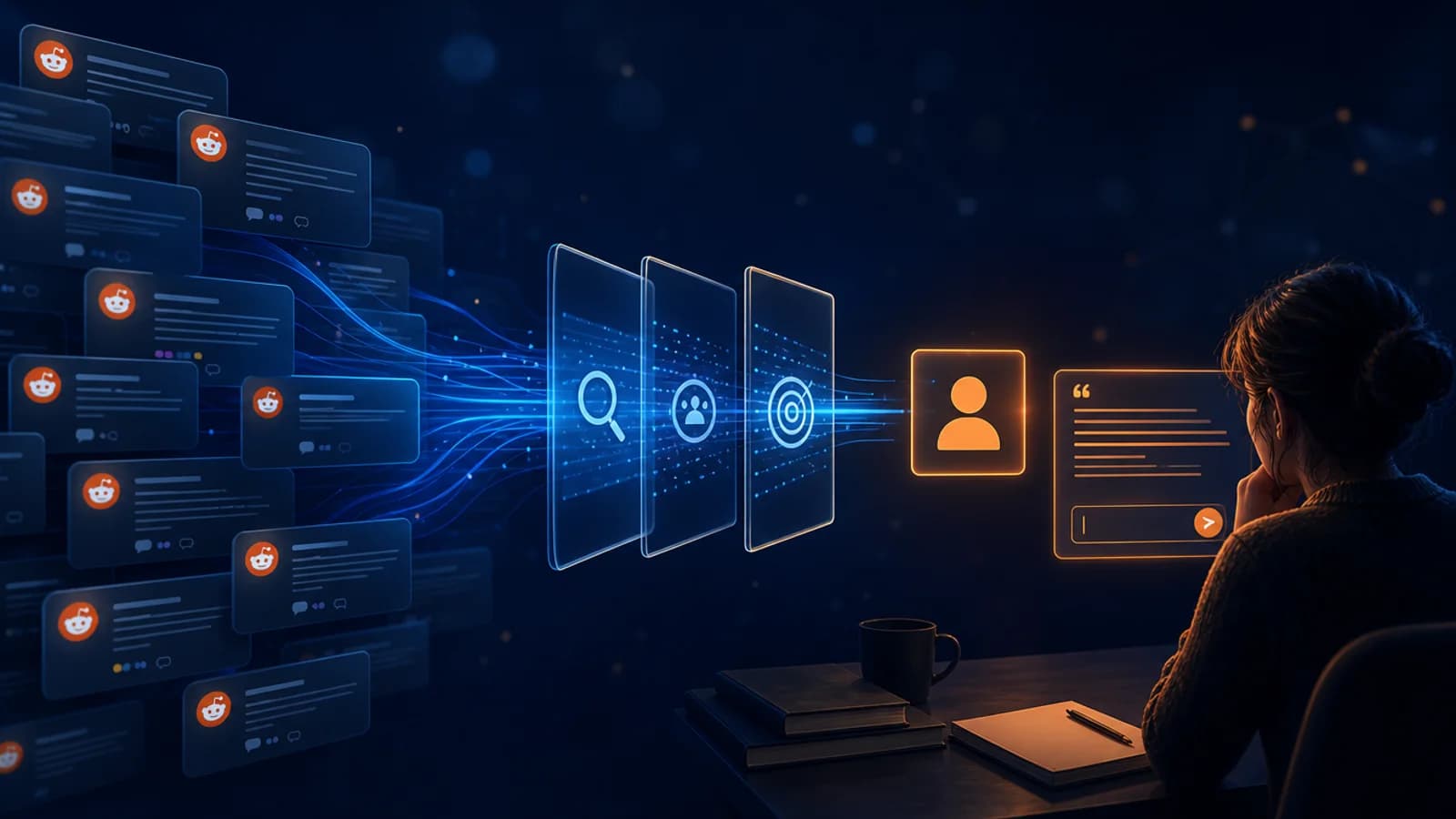 How to Find Grant Writing Clients on Reddit: visual field guide Dark navy editorial illustration for How to Find Grant Writing Clients on Reddit, showing Reddit community threads, buyer-signal filtering, and a thoughtful human reply