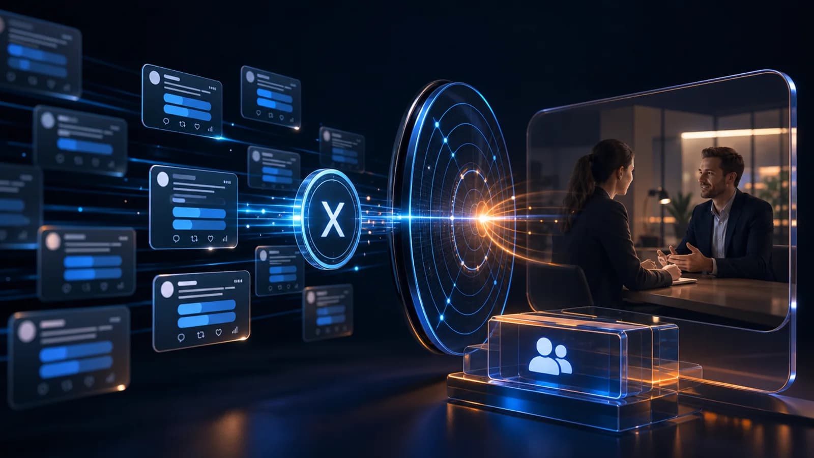 How to Use X Polls for B2B Lead Generation: visual field guide Dark navy editorial illustration for How to Use X Polls for B2B Lead Generation, showing public X conversations, signal filtering, and a human-reviewed response path